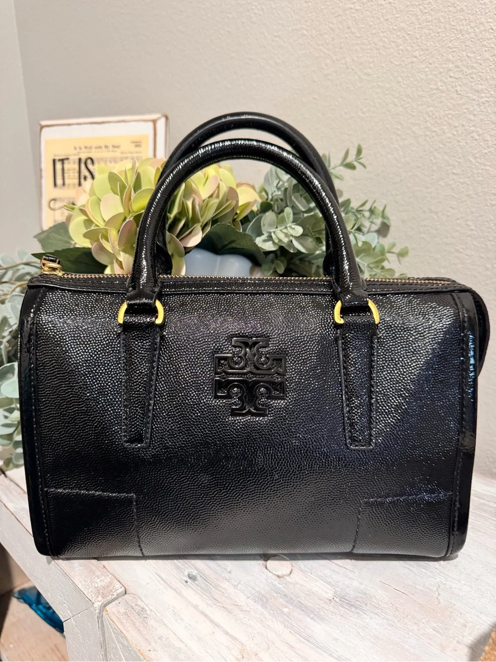Tory Burch Black Patent Leather Logo Satchel with Gold Hardware